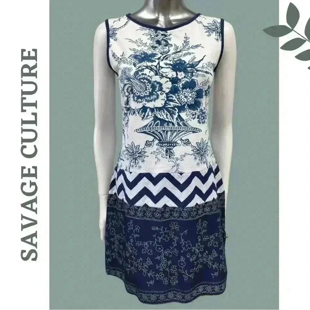 Savage Culture Sleeveless
Summer Dress Blue White Mixed
Pattern Size Medium